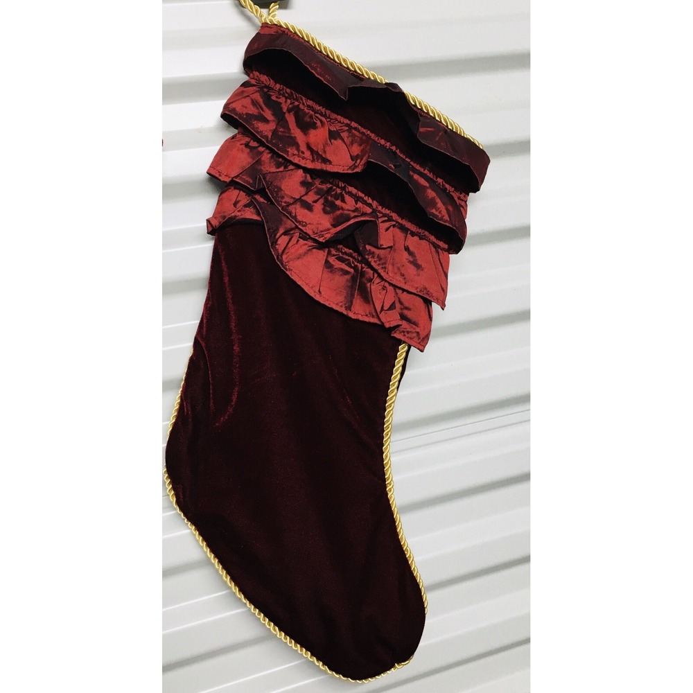 Christmas Stocking Red Velvet‎ and Fabric Ruffles Gold Corded Trim
